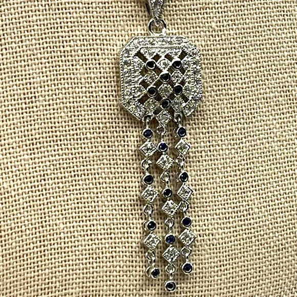 Technibond Platinum Sterling Silver & Blue Sapphire CZ Pendant Necklace - Picture 1 of 17